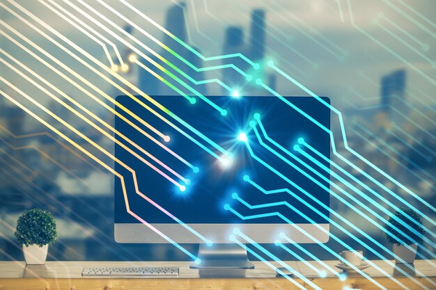 Dibujo de tema tecnológico y mesa con computadora Concepto de exposición múltiple de información