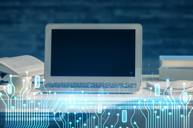 Dibujo de tema tecnológico y mesa con computadora Concepto de exposición múltiple de información