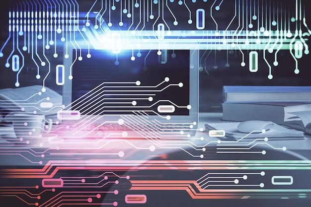 Dibujo de tema tecnológico y mesa con computadora Concepto de exposición múltiple de información