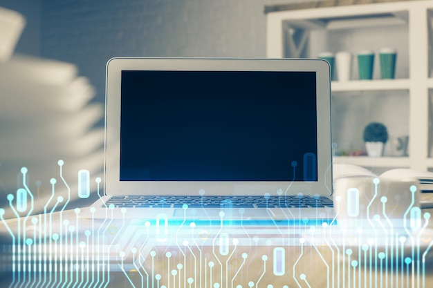 Dibujo de tema tecnológico y mesa con computadora Exposición múltiple Concepto de información