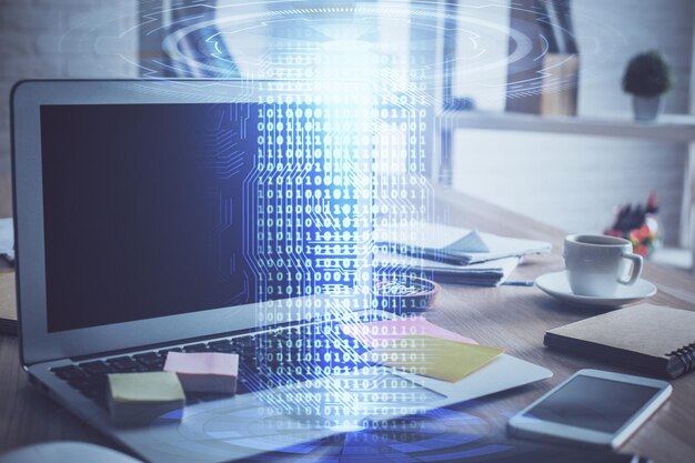 Dibujo temático tecnológico y espacio de trabajo con computadora Doble exposición Concepto de innovación