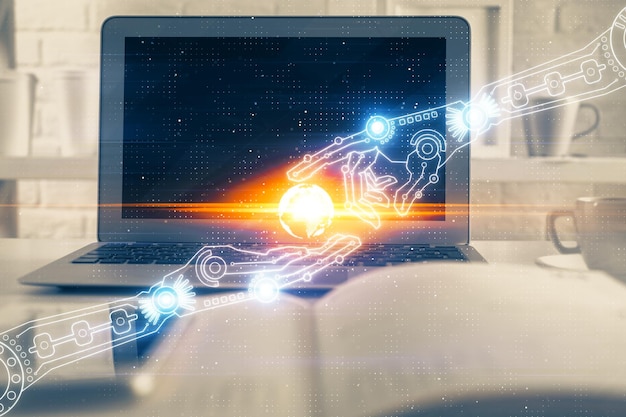 Dibujo temático tecnológico y espacio de trabajo con computadora Doble exposición Concepto de innovación