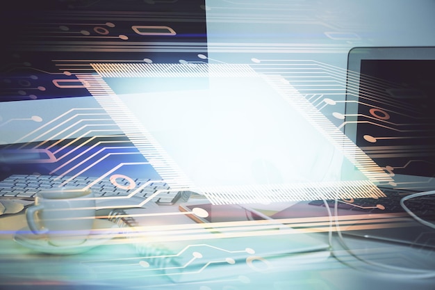 Dibujo temático tecnológico y espacio de trabajo con computadora Múltiple exposición Concepto de innovación