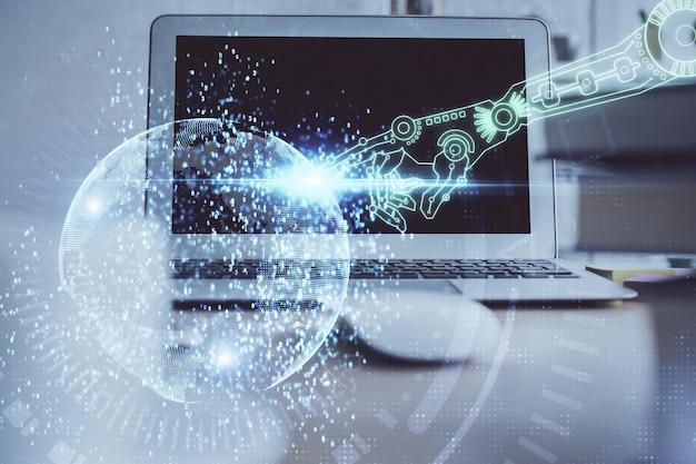 Dibujo temático tecnológico y espacio de trabajo con computadora Múltiple exposición Concepto de innovación