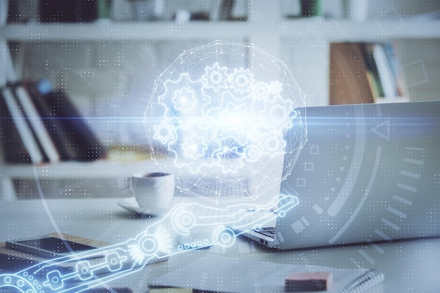 Dibujo temático tecnológico y espacio de trabajo con computadora Múltiple exposición Concepto de innovación