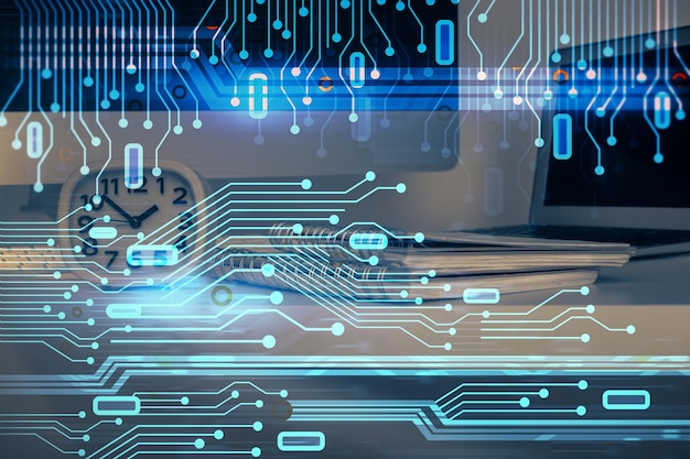 Dibujo temático tecnológico y espacio de trabajo con computadora Múltiple exposición Concepto de innovación