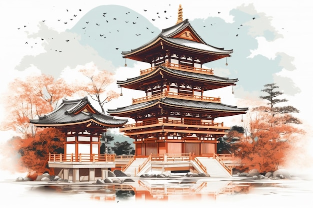 Un dibujo de un templo japonés en un paisaje.