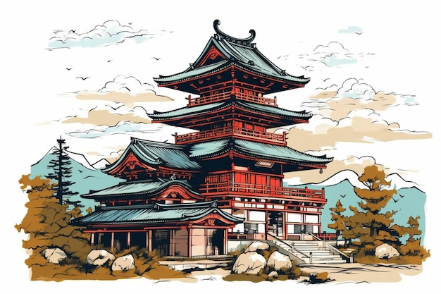 Un dibujo de un templo japonés en un paisaje.