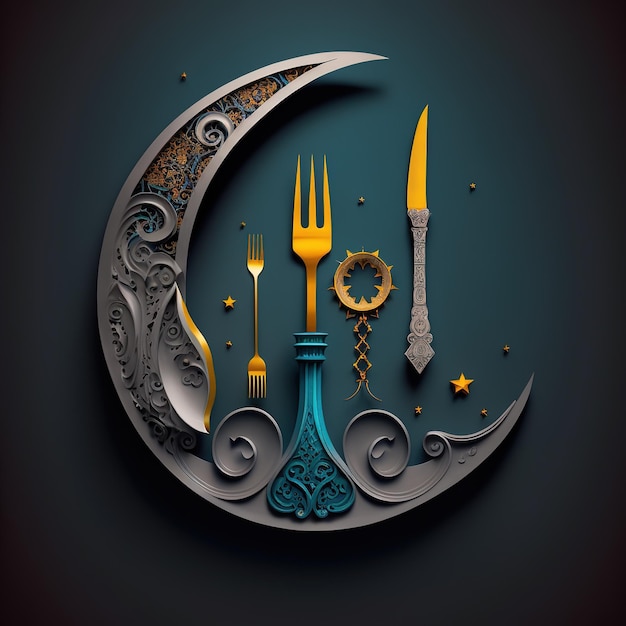 Un dibujo de un tenedor y un cuchillo con una luna creciente y estrellas.