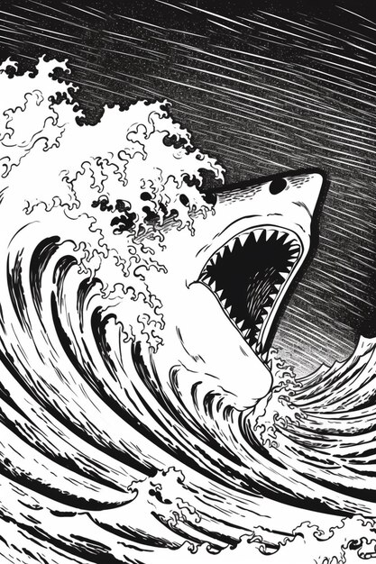 Foto un dibujo de un tiburón está en medio de una onda generativa ai