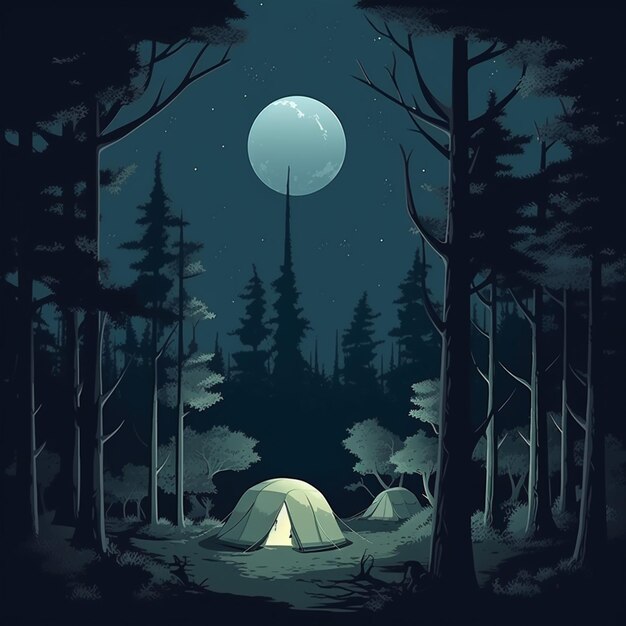 Dibujo de una tienda de campaña en el bosque con la luna de fondo.