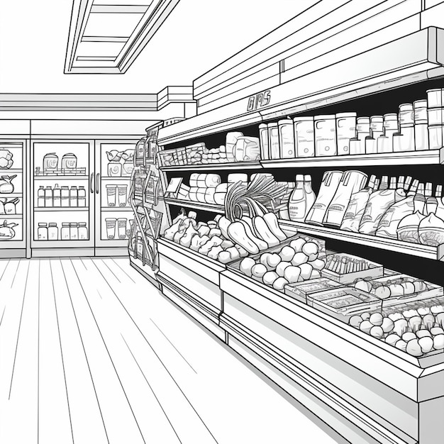 un dibujo de una tienda de comestibles con una variedad de bienes generativos ai