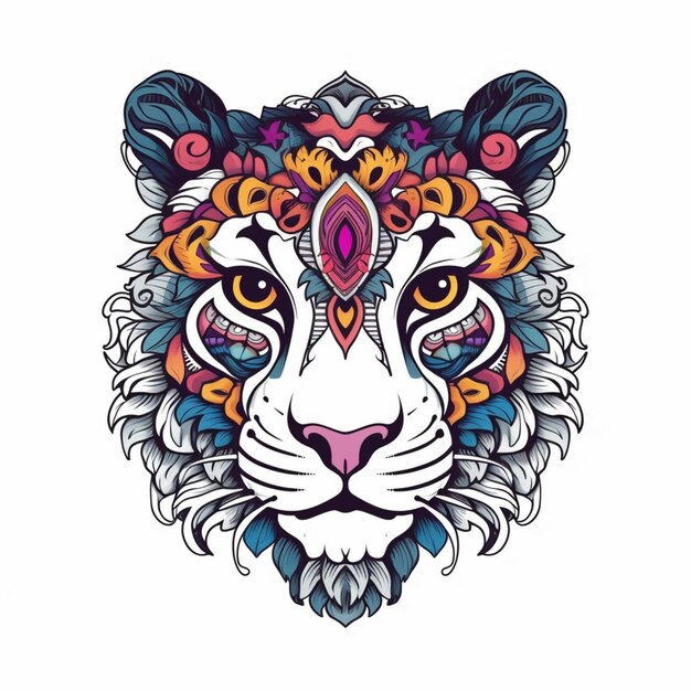 Un dibujo de un tigre con una cabeza colorida y un patrón de flores generativo ai