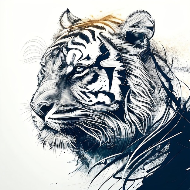 Un dibujo de un tigre con una cara en blanco y negro.