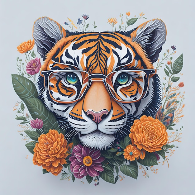 Un dibujo de un tigre con gafas y flores.