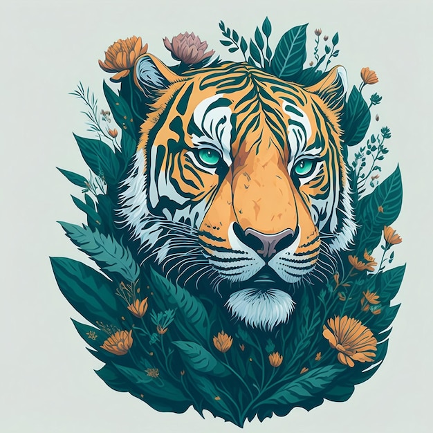 Un dibujo de un tigre con un ojo azul y hojas verdes.