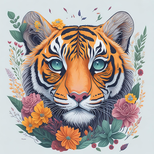 Un dibujo de un tigre con ojos azules y un fondo de flores.