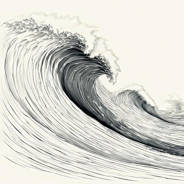 Dibujo de tinta detallado de surfista montando un tsunami con ambiente siniestro