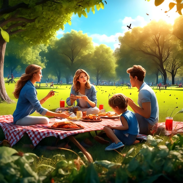 Un dibujo con tiza de un picnic familiar siendo atacado por hormigas en Central Park con un estilo surrealista