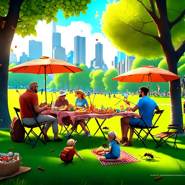 Un dibujo con tiza de un picnic familiar siendo atacado por hormigas en Central Park con un estilo surrealista