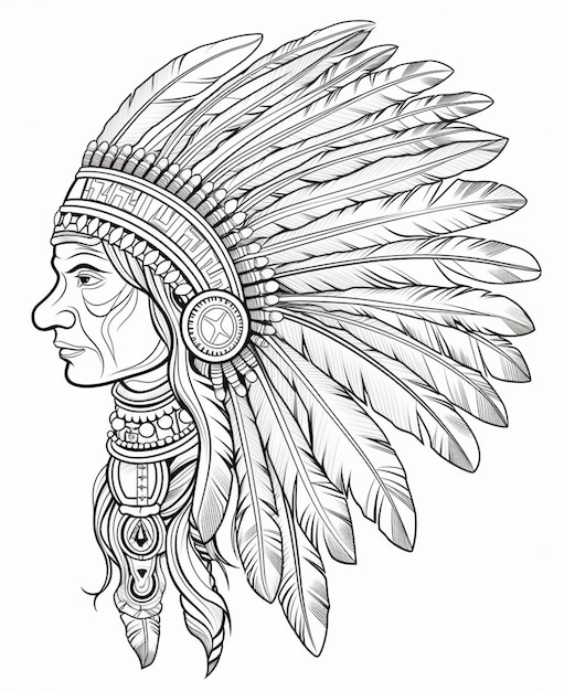Foto un dibujo de un tocado indio nativo americano con plumas generativo ai