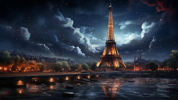 Dibujo de la Torre Eiffel por la noche IA generativa