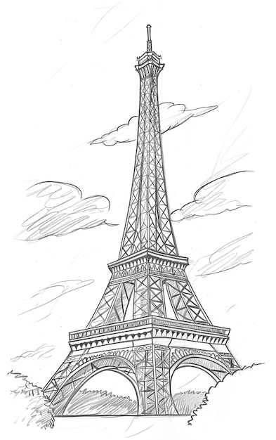 Foto dibujo de la torre eiffel con nubes en el fondo