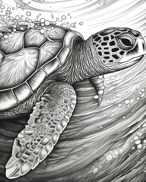 dibujo de una tortuga nadando en el océano con burbujas generativ ai