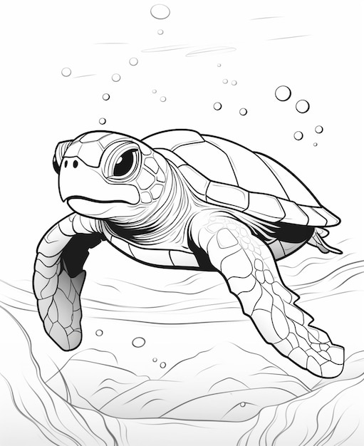 Un dibujo de una tortuga nadando en el océano con burbujas generativas ai