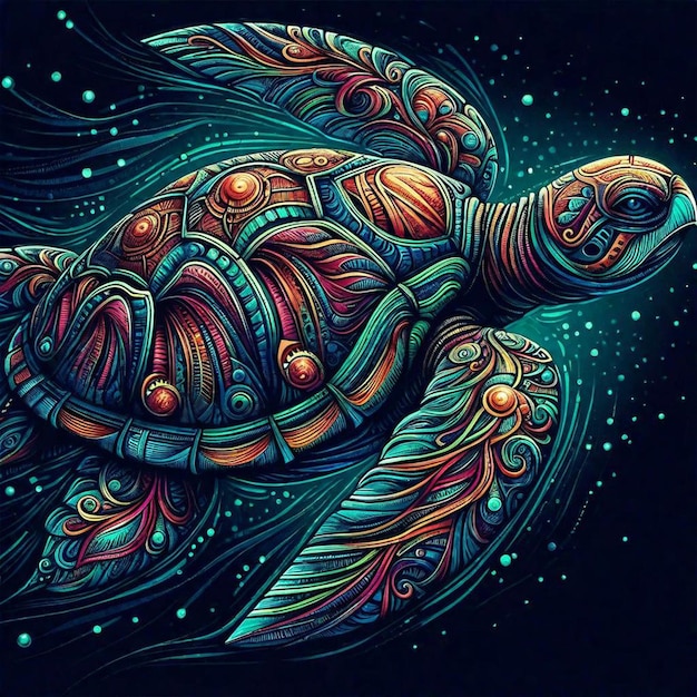 Foto un dibujo de una tortuga tribal con un diseño colorido en él