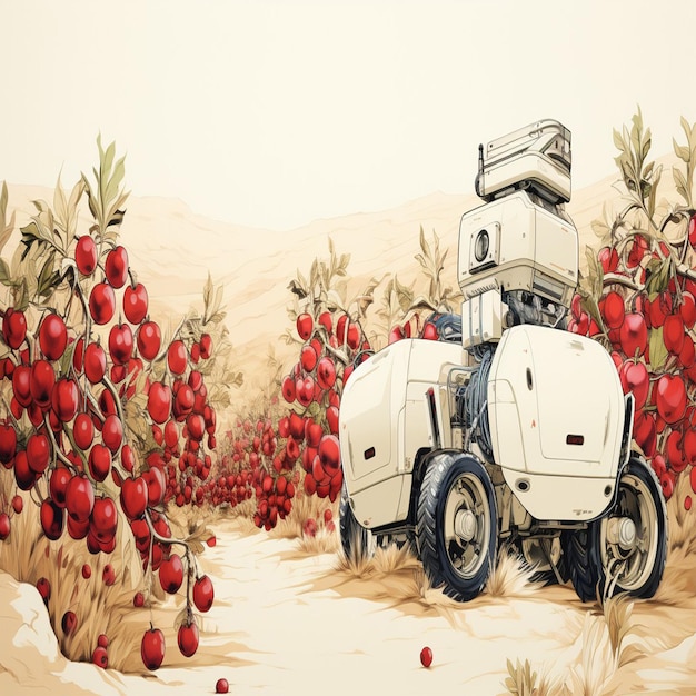 un dibujo de un tractor con fresas en él