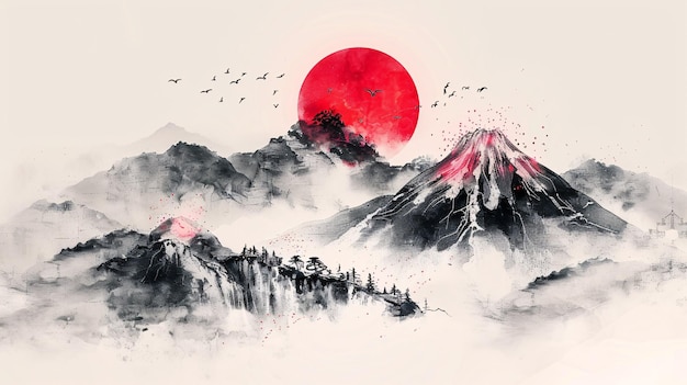 El dibujo tradicional japonés de tinta de estilo sumie de montañas y un sol rojo con jeroglíficos que representan el bienestar, la libertad, la naturaleza y la alegría