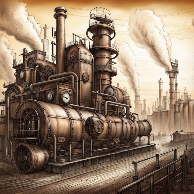 Un dibujo de un tren de vapor con humo saliendo de él.