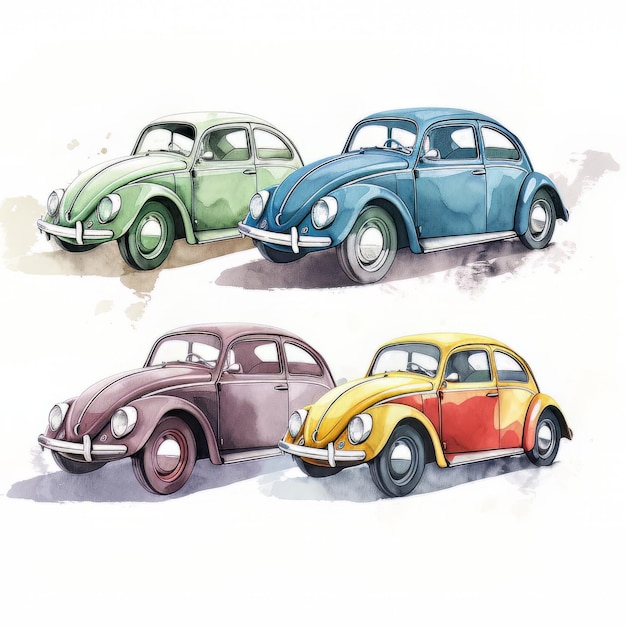 Un dibujo de tres autos con uno que dice "vw".