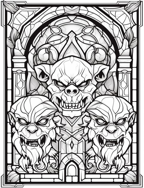 un dibujo de tres cabezas demoníacas en una vidriera generativa ai
