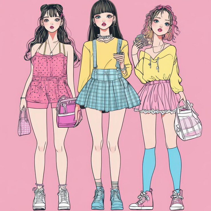 un dibujo de tres chicas con una que lleva un suéter amarillo y la otra con una camisa rosa que dice tres diferentes
