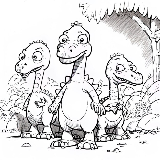 Foto un dibujo de tres dinosaurios con un fondo blanco y negro