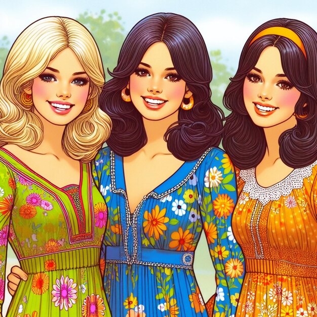 un dibujo de tres mujeres con flores en ellos