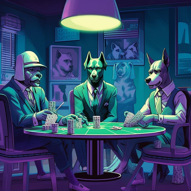 Un dibujo de tres perros sentados en una mesa con cartas frente a ellos.