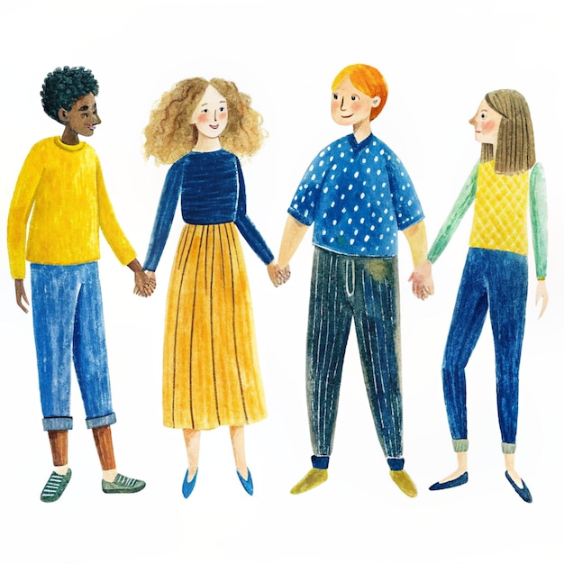 un dibujo de tres personas tomadas de la mano con una de ellas tomándose de la mano