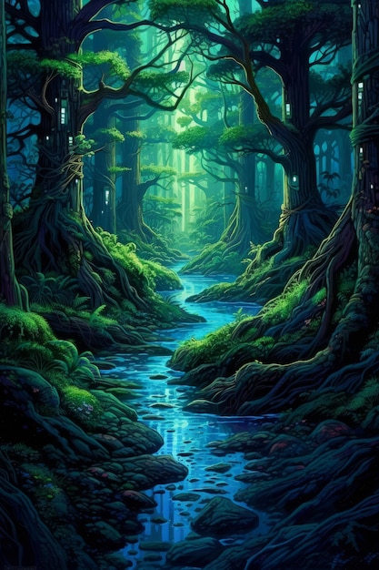 Un dibujo ultra realista de un bosque verde