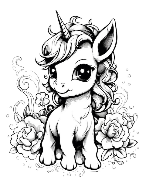 Foto un dibujo de un unicornio con flores y las palabras unicornios.