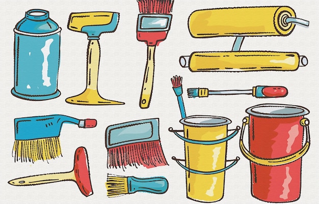 un dibujo de varias herramientas, incluido un pincel de pintura y un cubo