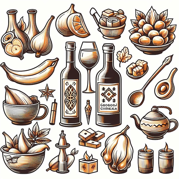 un dibujo de una variedad de artículos, incluida una botella de vino, una botela de vino y una botella De vino