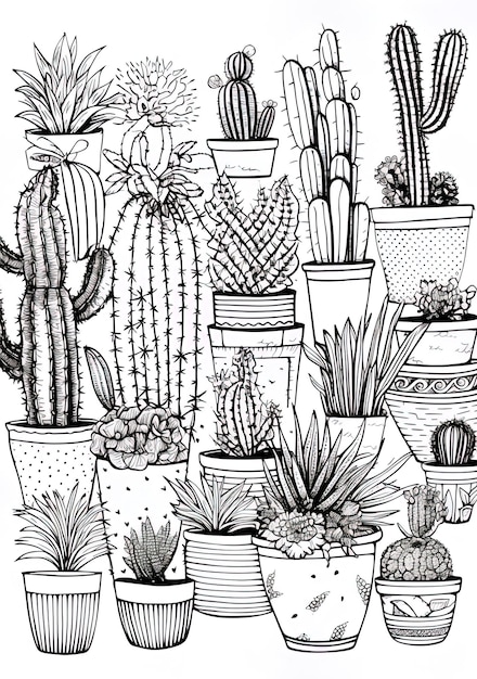 un dibujo de una variedad de cactus y cactus.