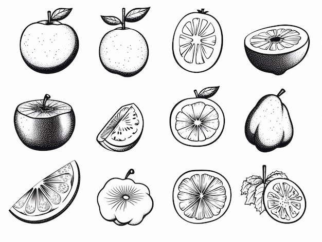 un dibujo de una variedad de frutas y verduras en un fondo blanco