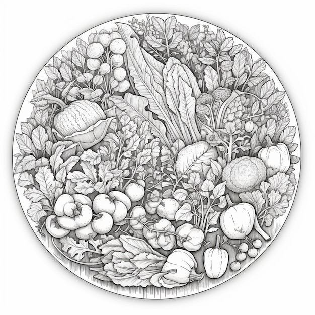 Un dibujo de una variedad de vegetales que incluyen champiñones, champiñones, champiñones y otros vegetales.