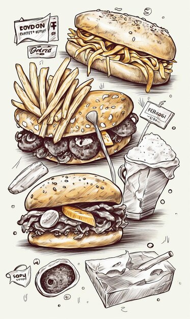Dibujo de varios tipos de dibujo a lápiz de comida rápida AI generado AI generativo AI generativ