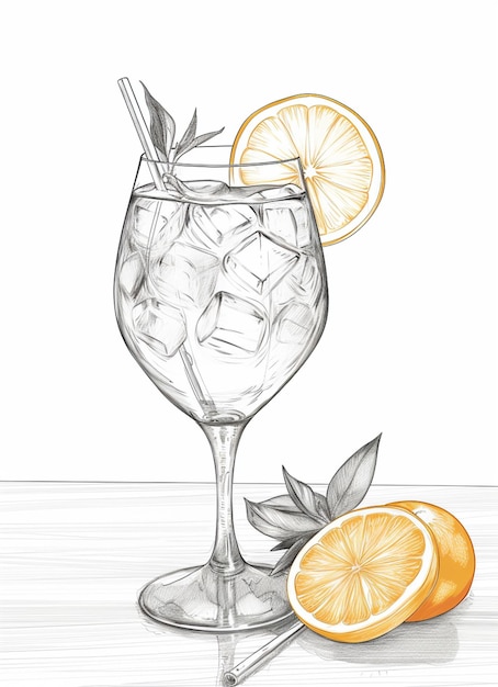 dibujo de un vaso de agua con hielo y una rebanada de naranja generativa ai