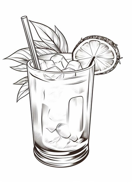 Foto un dibujo de un vaso de agua con una rebanada de limón y una paja generativa ai
